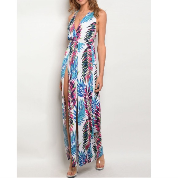 Tropical leaf double slit Maxi Swim cover up dress - Picture 2 of 4